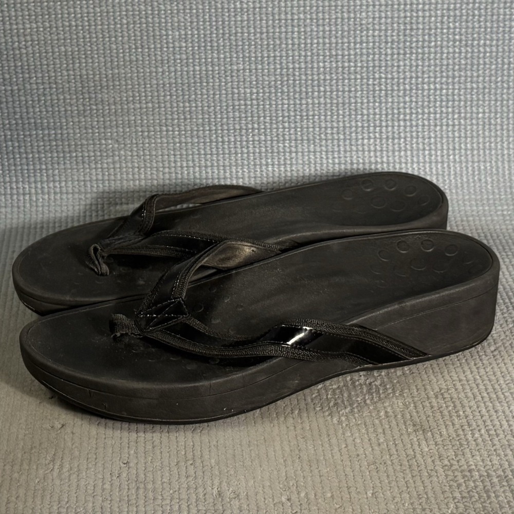 Vionic Women's High Tide Sandal Flip Flop Black Patent Leather Size 11